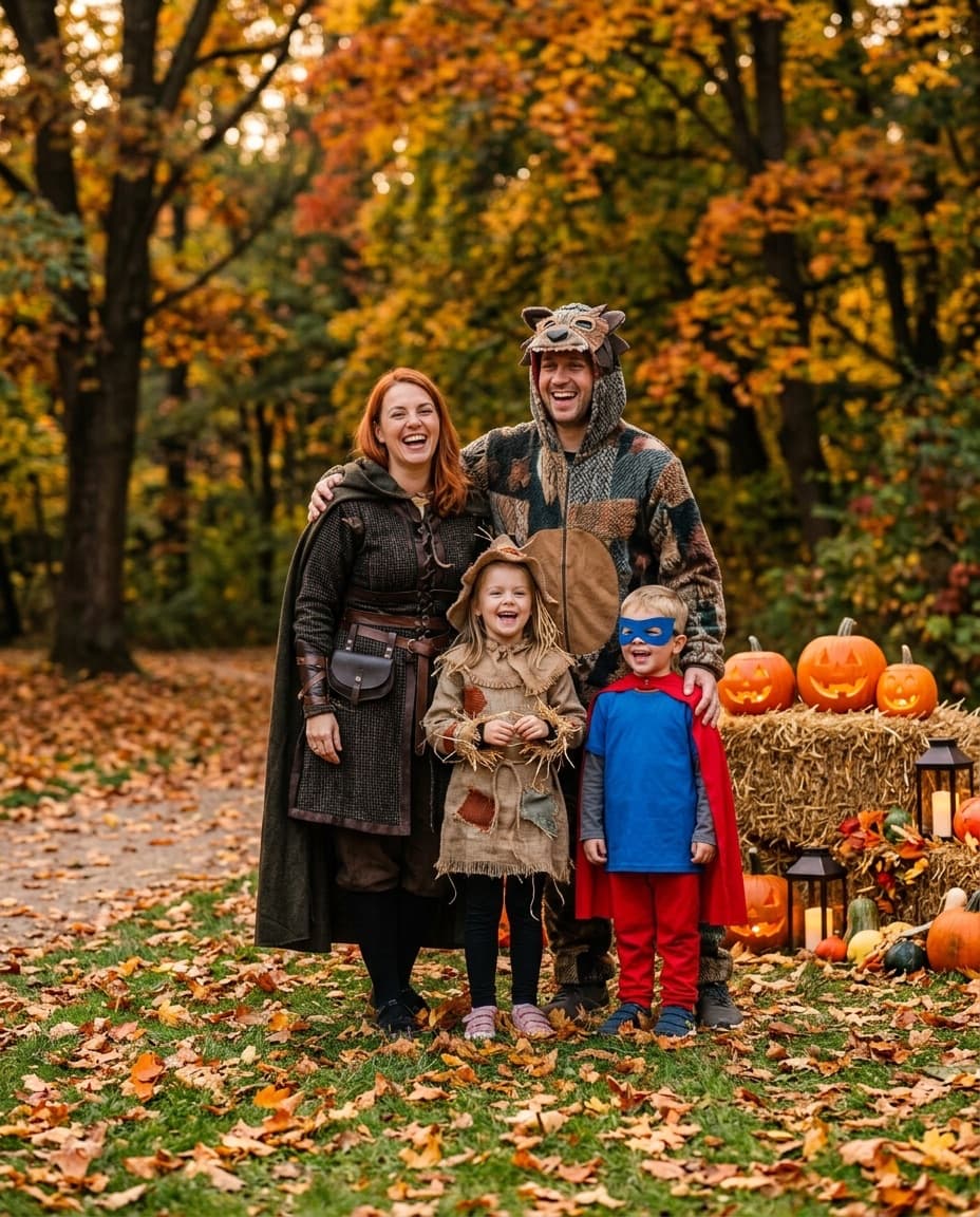 Style preview: family in homemade Halloween costumes with pumpkins and hay bales in an autumn park (AI-generated, not a client photo)