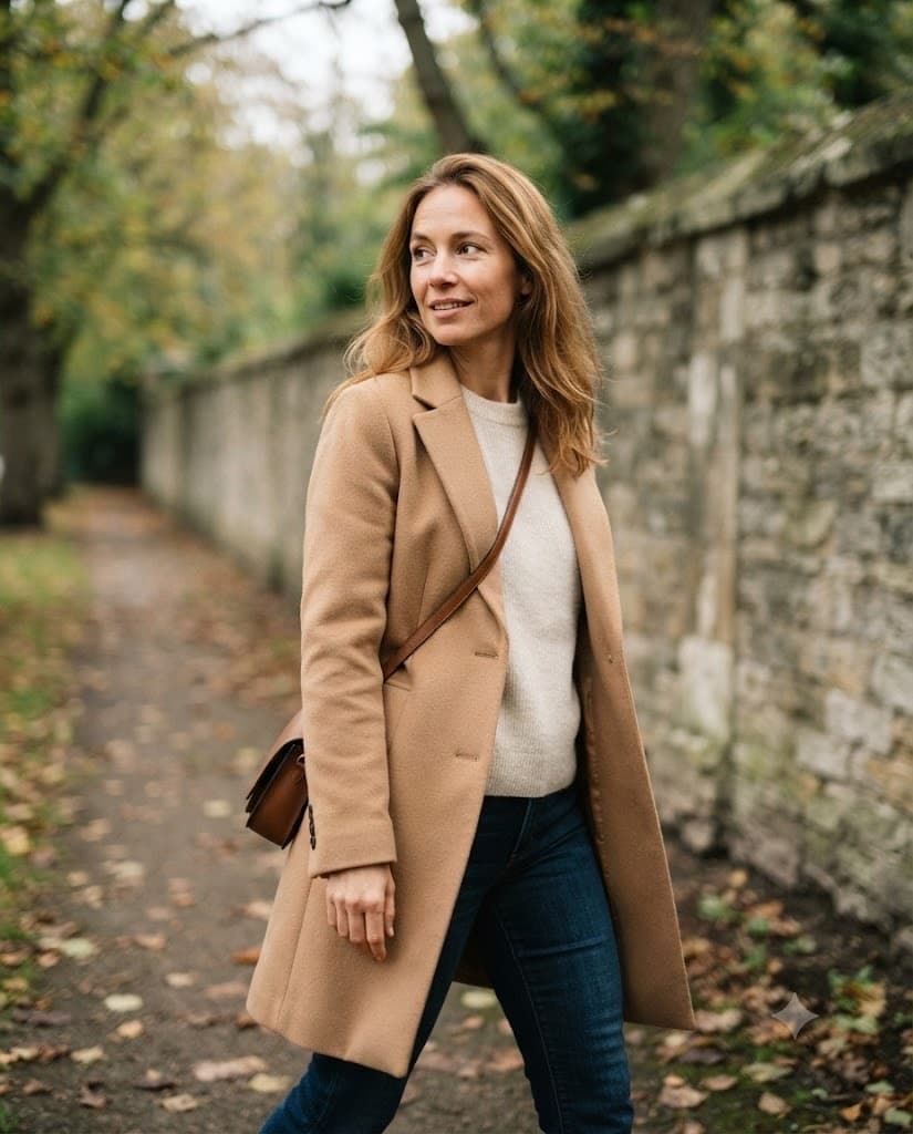 Style preview: woman in a camel coat on a relaxed walk beside an old stone wall in autumn (AI-generated, not a client photo)